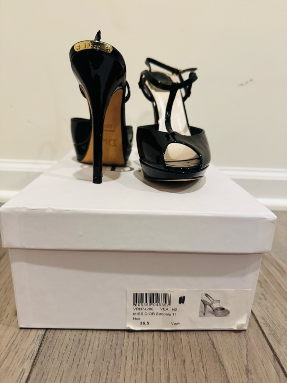 Dior Black Patent T-Strap Platform Sandals with Gold Accent